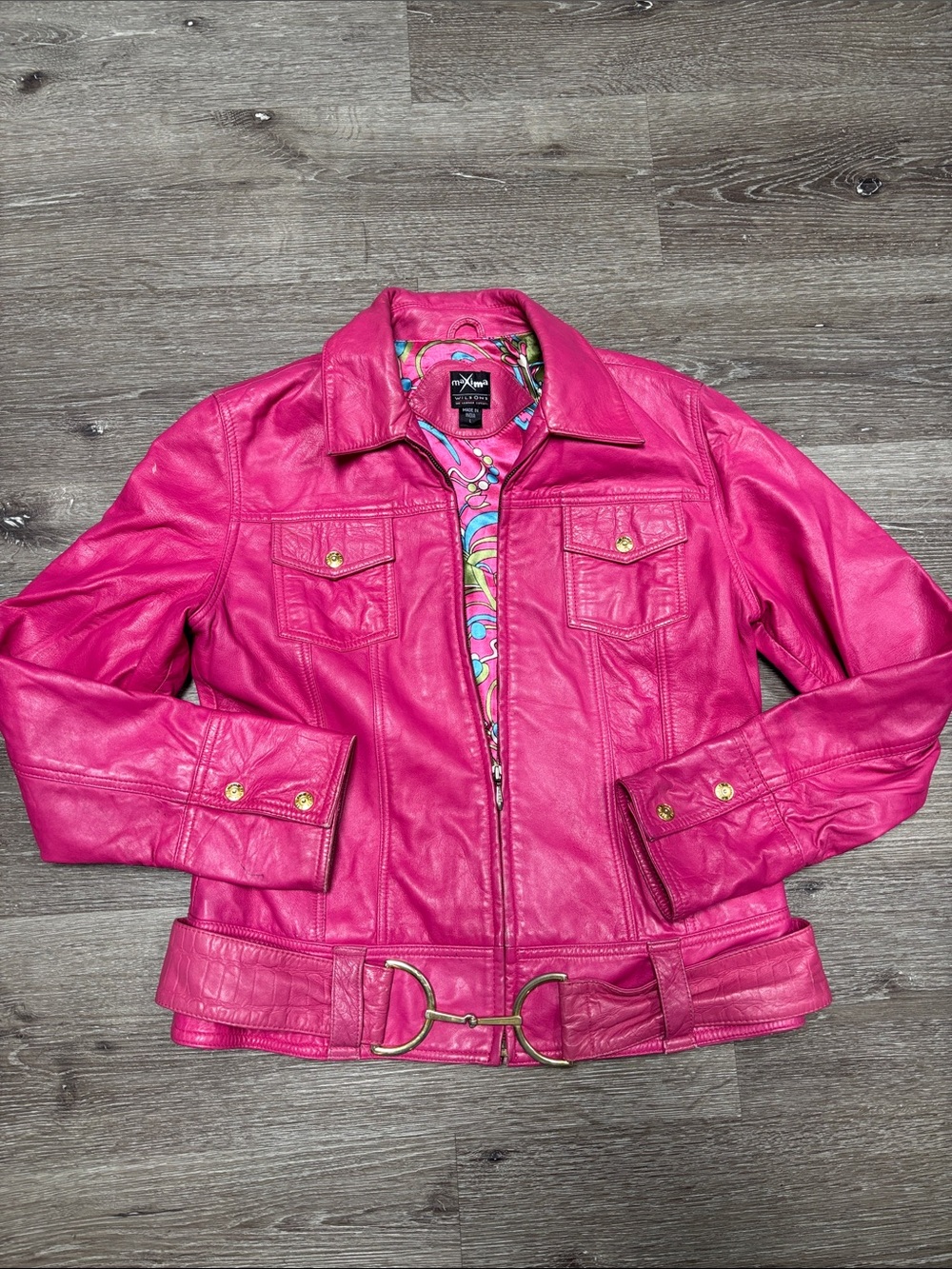 Wilson Leather Maxima Pink Leather Jacket with Decorative Horsebit Buckle